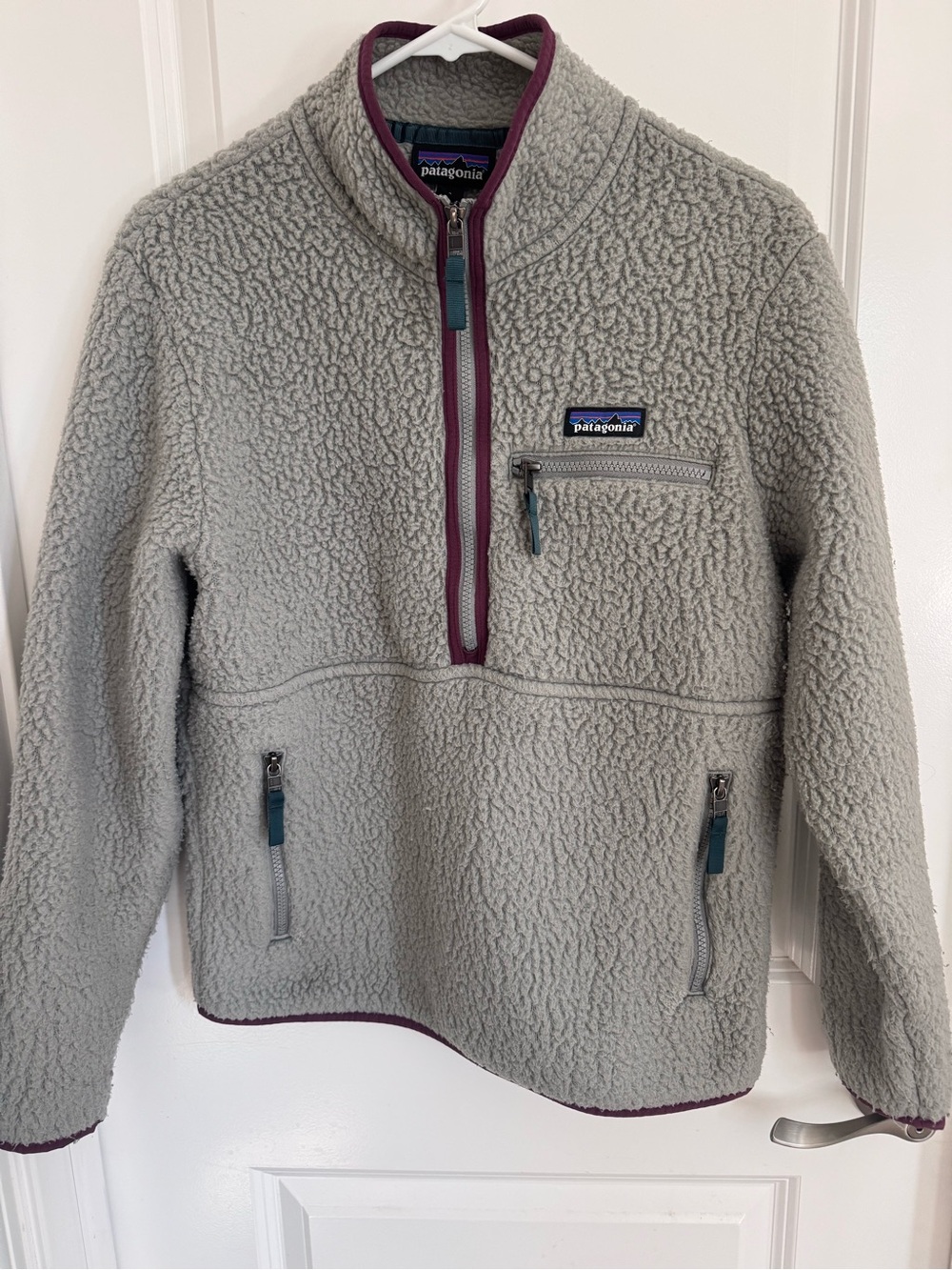 Patagonia Women’s Gray Sherpa Half-Zip Pullover with Plum Trim